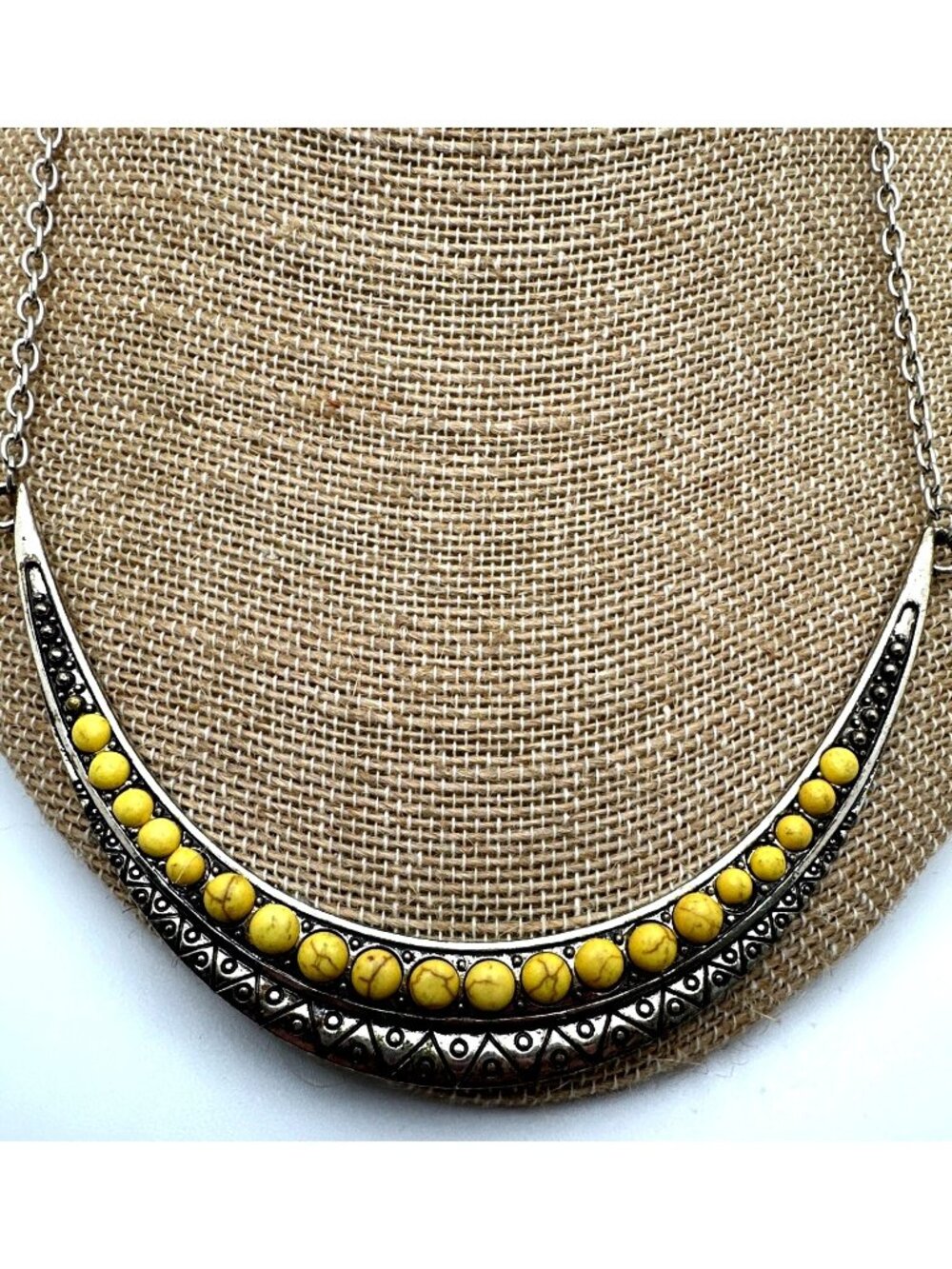 Tribal Yellow Bead Necklace Cresent Moon Cabochon Free Spirit Silver Tone